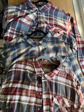 3 CQR Men's Plaid Flannel Shirt - Red/Blue/Cream